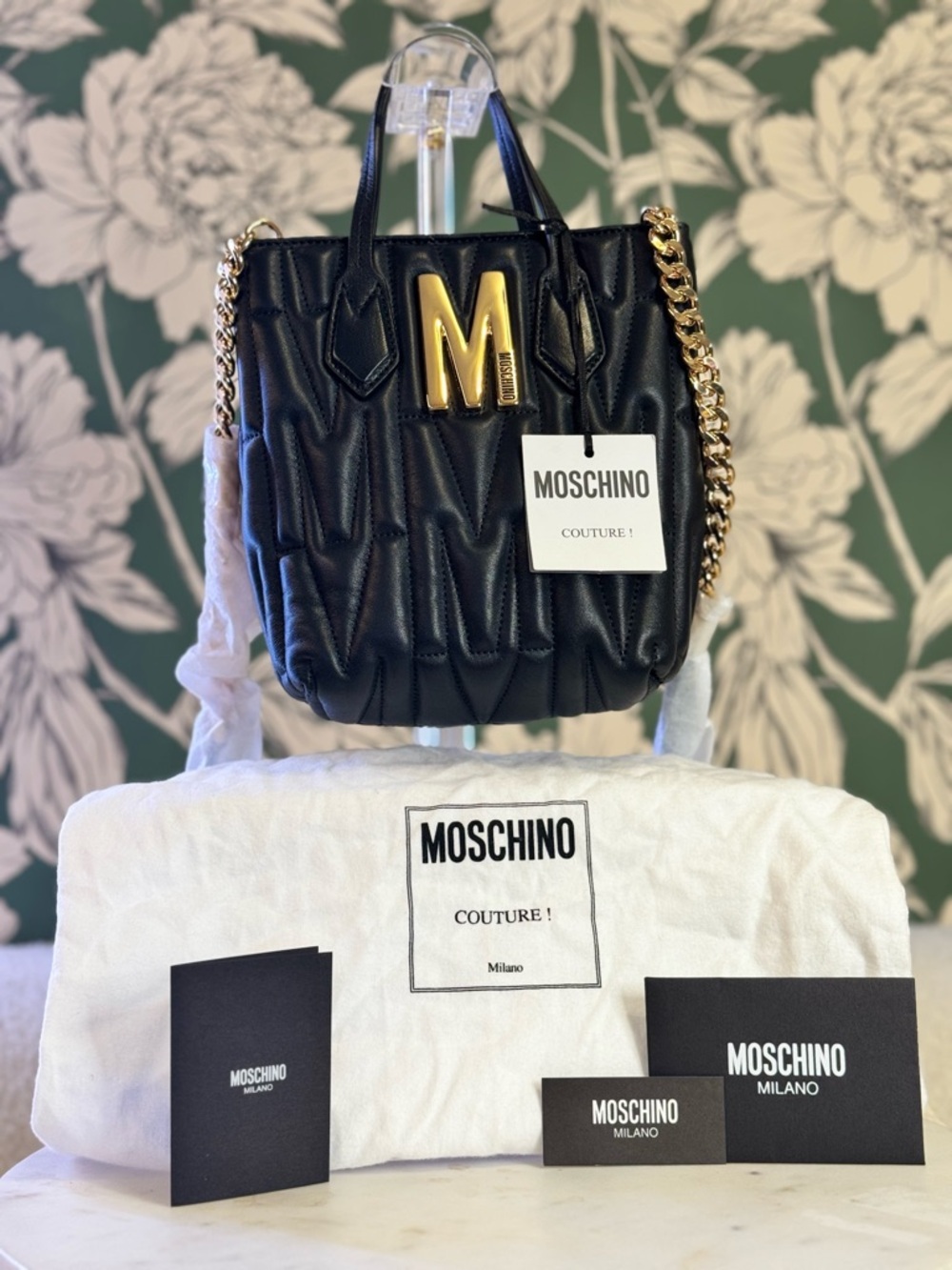 Moschino Black Quilted Crossbody with Gold M Emblem NEW w/Dustbag & Auth Card